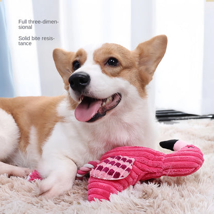 Four pink animal-shaped corduroy dog toys with squeakers arranged together
