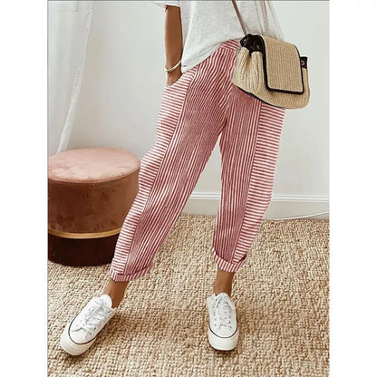 Women's striped print trousers in light gray, loose fit for summer comfort