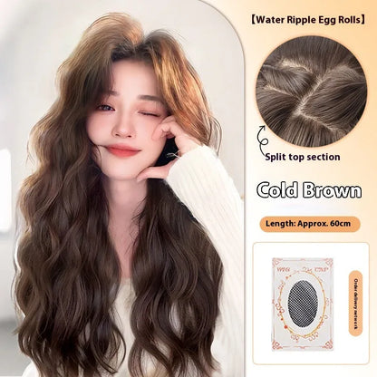 Full head synthetic wig with long curly brown hair and side bangs, made from high temperature fibre.