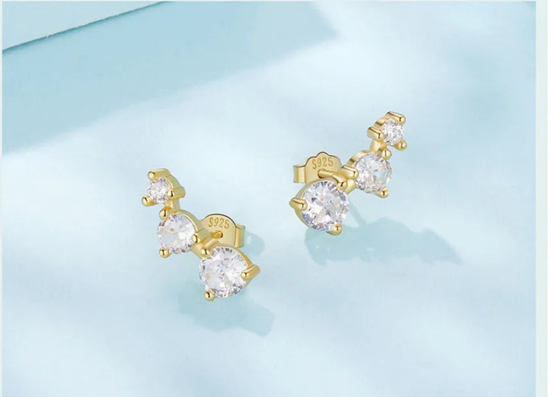 Cold Wind Three-Claw Zircon Gang Drill Earrings in 925 Sterling Silver with Geometric Round Shape, Electroplated Finish, Silver or Gold Colour, for Women