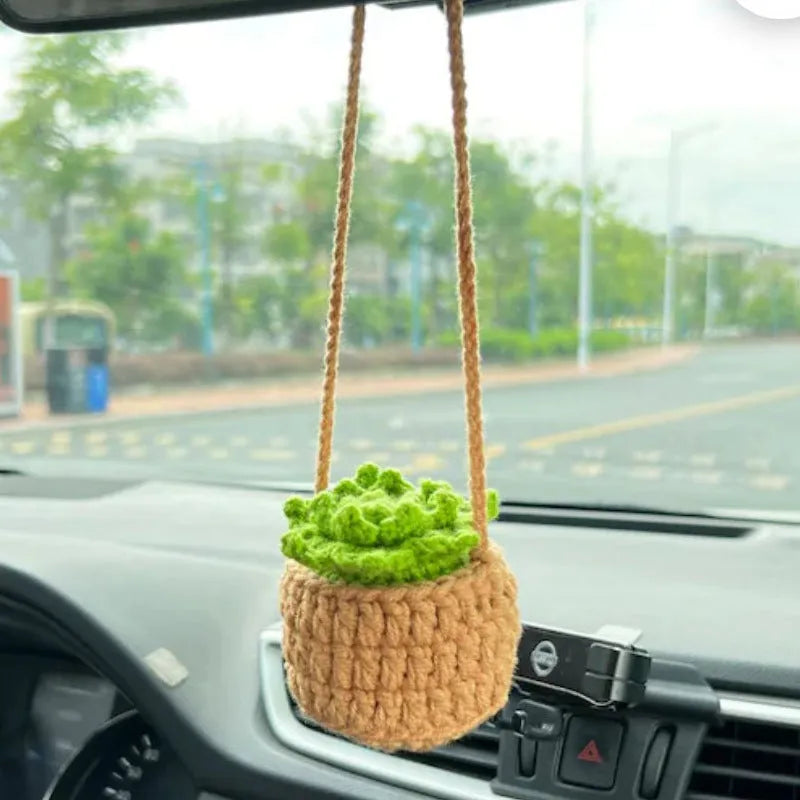 Green and white knitting wool car plant decoration with 8cm base and 25cm hanging rope
