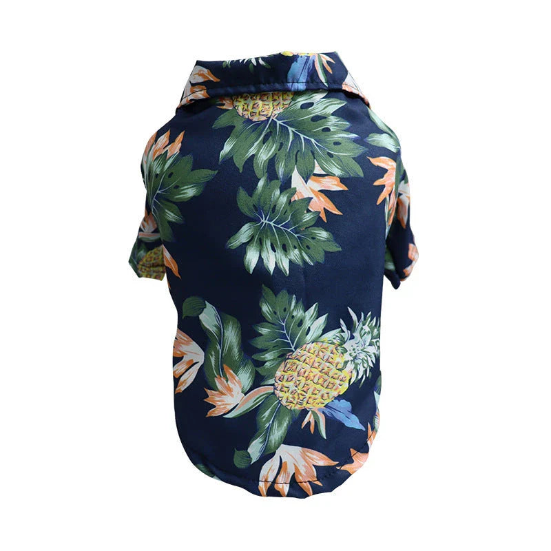 Breathable pet shirts featuring tropical pineapple, coconut tree, and Hawaiian-inspired prints