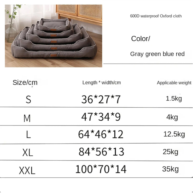 Dog sofa bed with scratch-resistant 600D waterproof Oxford cloth cover, available in five sizes from S to XXL for pets 1.5kg to 35kg, in grey, green, navy blue, or red, providing soft high-rebound support for dogs and cats