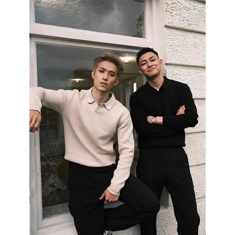 Men's loose fit knitted sweater in black or apricot, long sleeve pullover with wrinkle-free polyester blend, Japanese fresh casual style