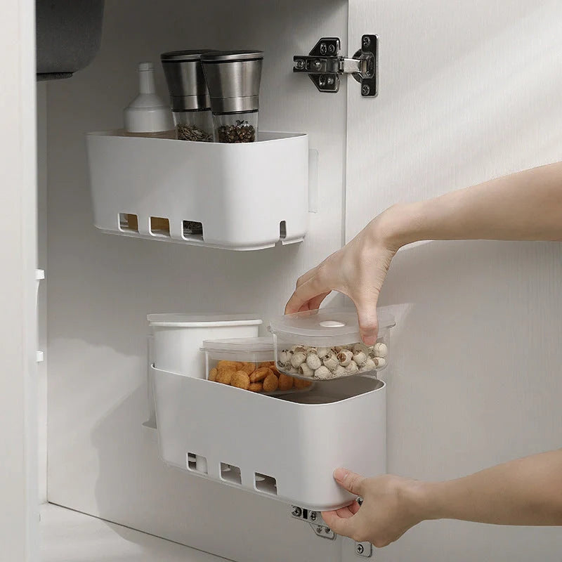 White retractable kitchen cabinet storage rack with hole-free design