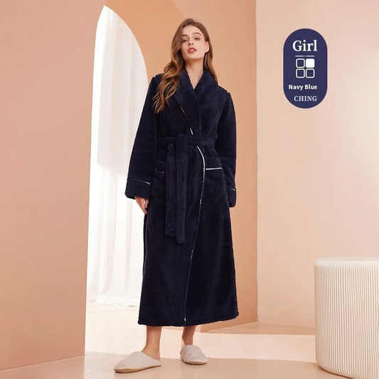 Winter flannel bathrobe with thick 301-350g/m² fabric in 2102 navy blue colour, European/American style