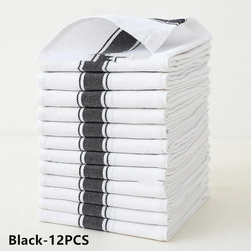 Set of 12 striped kitchen dish towels in five colours showing 48x70cm dimensions and cotton blend material