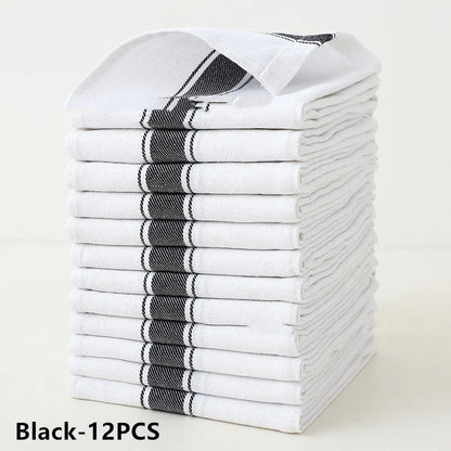 Set of 12 striped kitchen dish towels in five colours showing 48x70cm dimensions and cotton blend material