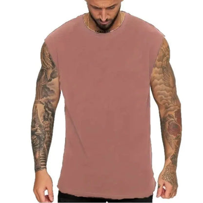 Men's loose solid colour cotton sleeveless tank top on a hanger.
