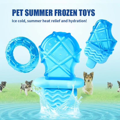 Three plastic dog toys: a blue pacifier, a red popsicle and an orange ring, designed to be filled with water and frozen.