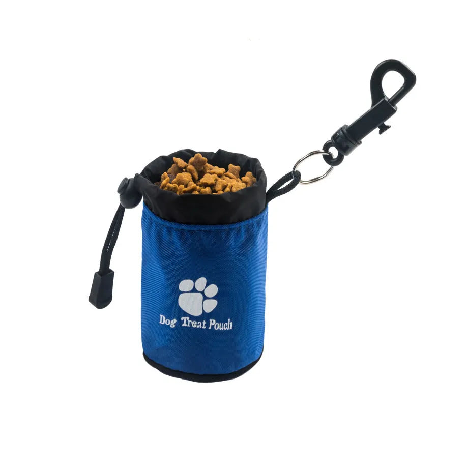 Mini nylon pet snack training bag in solid colour, shown in red, green, black, and blue options.