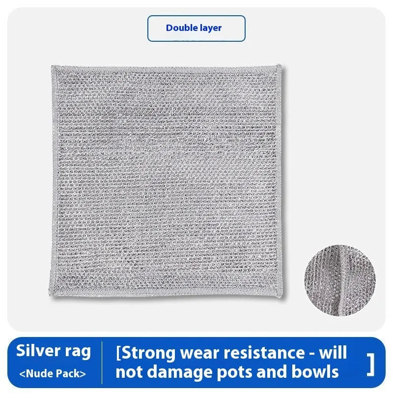 Silver silk rag with steel wire core for cleaning pots and bowls, double-sided design, 20x20cm or 25x25cm size