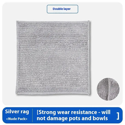 Silver silk rag with steel wire core for cleaning pots and bowls, double-sided design, 20x20cm or 25x25cm size