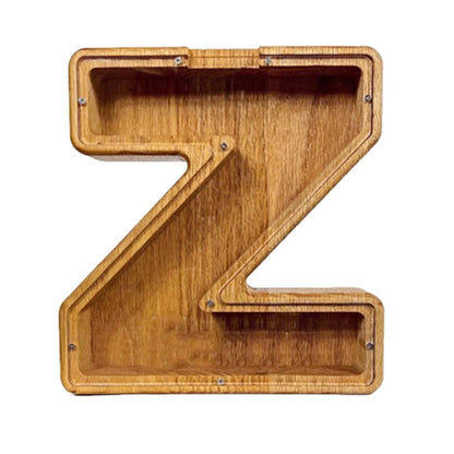 Handmade wooden letter piggy bank with personalised initial, showing 15cm height and 5cm coin slot for UK coins