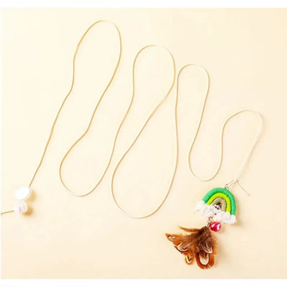 Feather cat rope hanging door toy with elastic swing and sticky buckle clamp in blue, green, or pink colours
