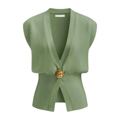 Women's loose fit V-neck button cardigan sweater in knitted polyester fabric.