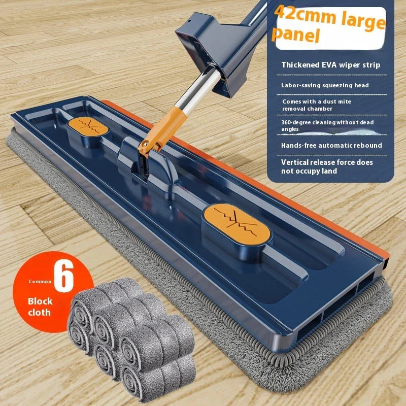 360° Rotating Flat Mop with Stainless Steel Handle and Self-Contained Dewatering Scraper for Effortless Floor Cleaning