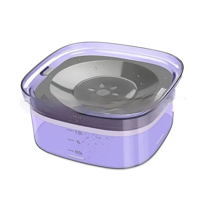Transparent 2L dog water bowl with floating slow-feeding disk and non-slip base