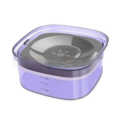 Transparent 2L dog water bowl with floating slow-feeding disk and non-slip base