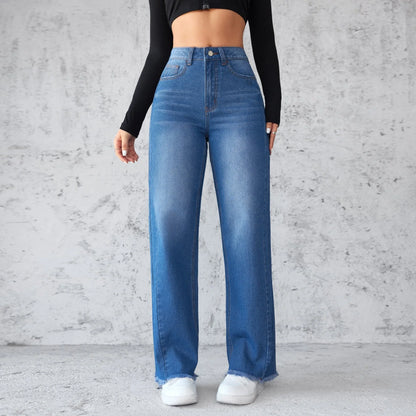 Women's high-waist wide-leg denim jeans in classic blue