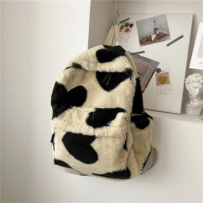 Furry plush backpack with heart pattern and three-dimensional outer pocket in khaki, green, black, pink or briquette