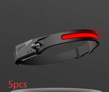 Black silicone USB rechargeable headlamp with a wide COB LED lens and a side wave sensor.