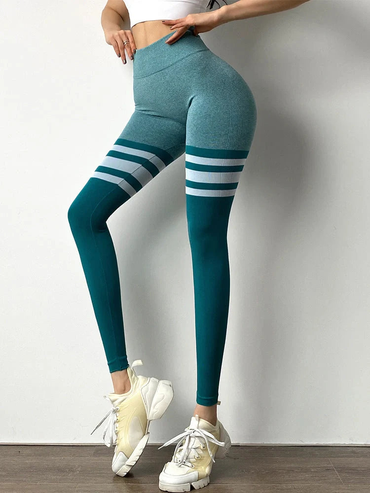 High-waisted fitness leggings with stripe design and tummy control