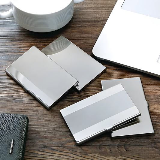 304 stainless steel business card case with geometric laser etching and brushed mirror finish.