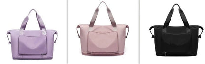 Roomy and foldable gym bag for women with waterproof Oxford fabric, multiple pockets, and wet/dry separation compartment