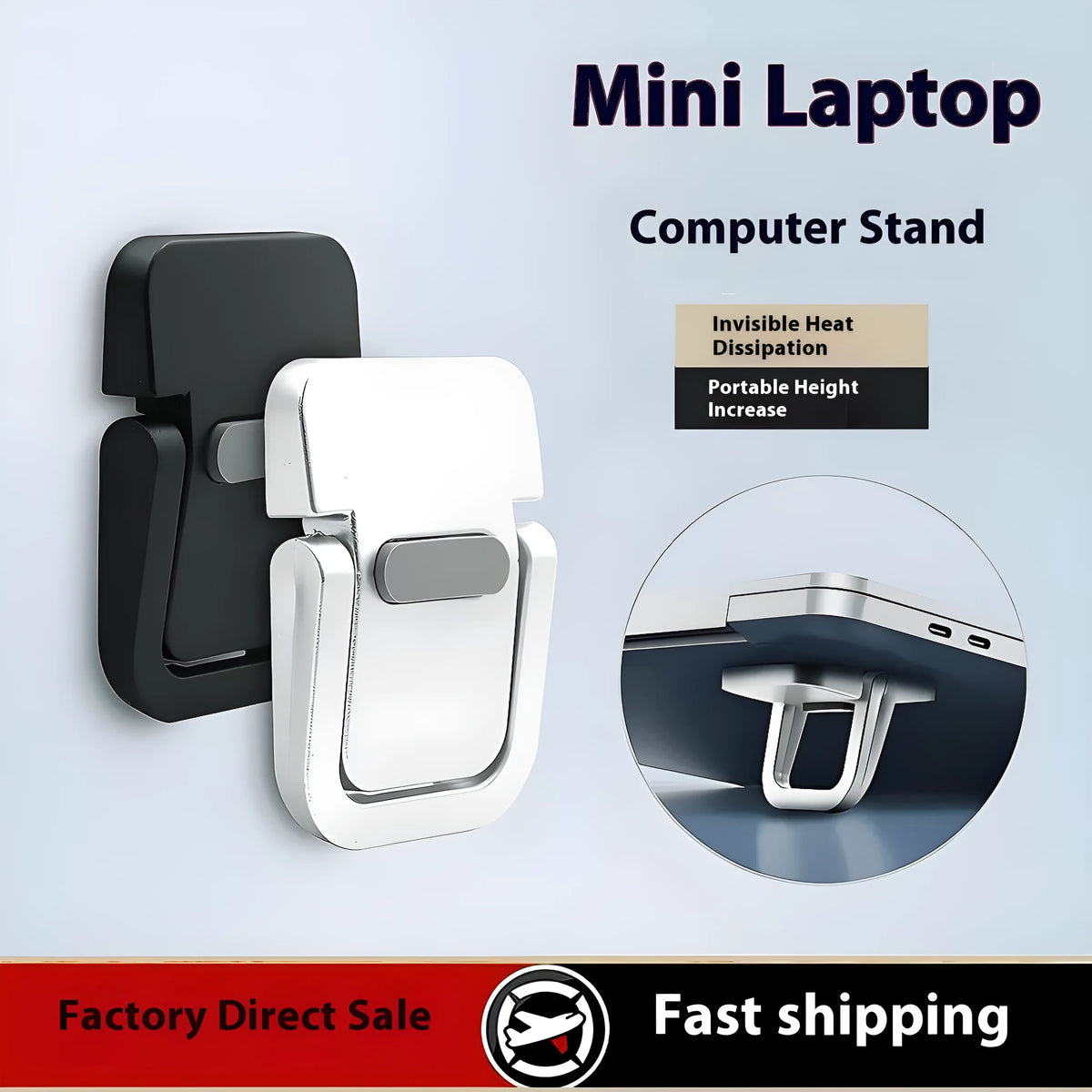 Portable plastic laptop stand with two cooling fans and cooling fin, black or silver