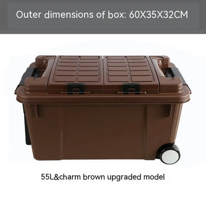 Large orange plastic storage box with black wheels and a pull-up handle, shown in a garage setting.