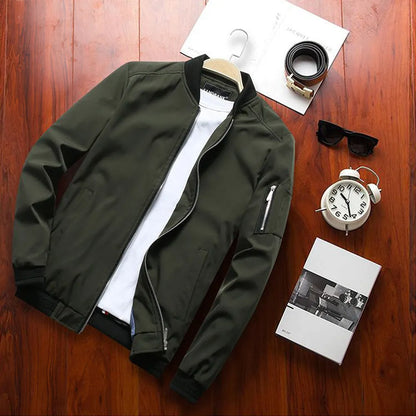 Men's slim-fit casual baseball jacket in solid colour with zip front and side pockets