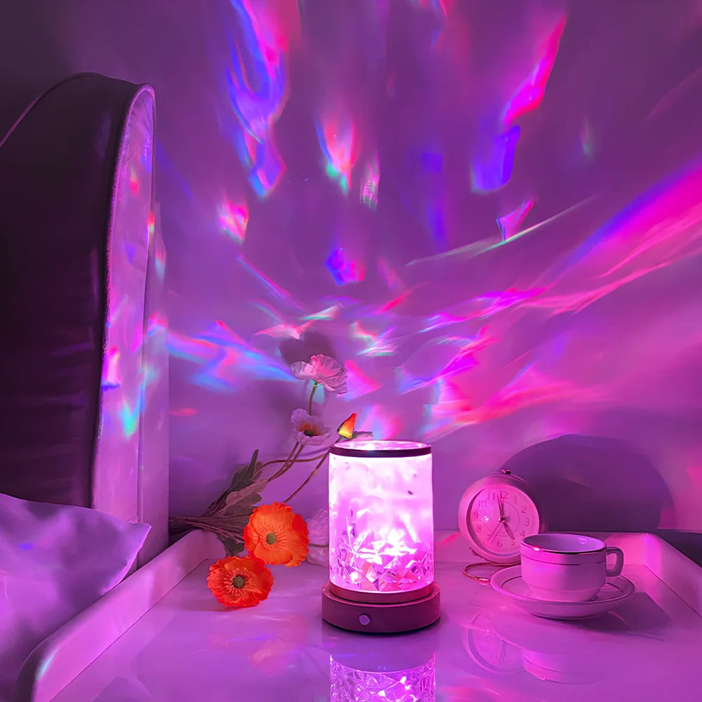 Gold crystal night light projecting water ripples with rotating mechanism and wooden base