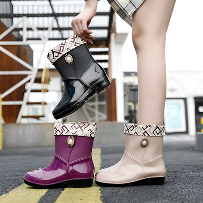 Women's purple PVC rain boot with non-slip sole on a wet surface.