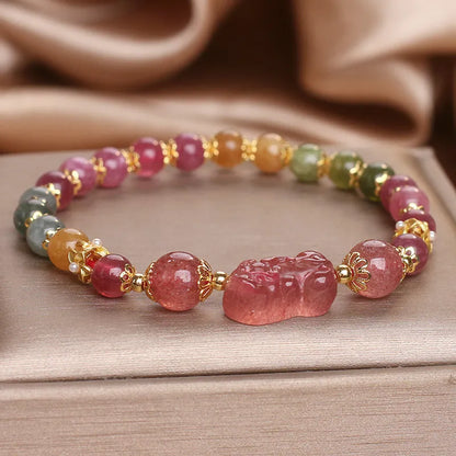 Candy colour tourmaline strawberry quartz pi xiu bracelet with 17cm purity and electroplated finish
