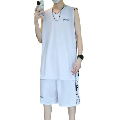 Men's thin polyester basketball sports suit consisting of a sleeveless vest and short pants on a hanger.