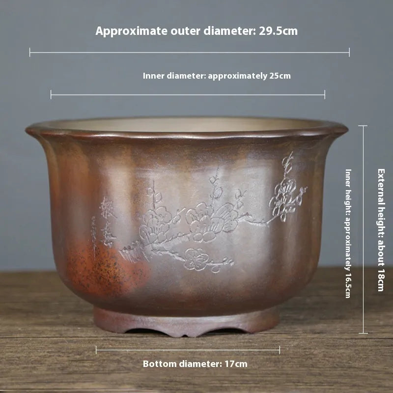 Indoor antique carved purple sand ceramic flowerpot for bonsai plants in classical style