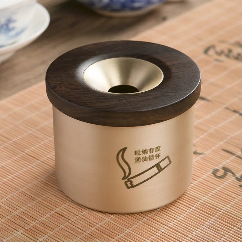 Creative retro brass ashtray with wooden lid on blackwood or rosewood, solid copper body, central hole design