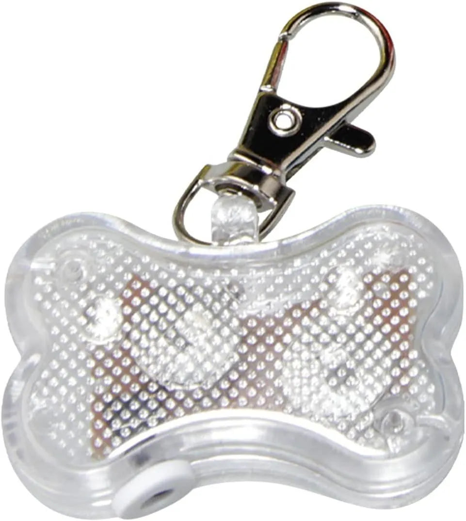 Blue LED bone-shaped pet pendant attached to a collar, showing dimensions of 4cm by 3cm