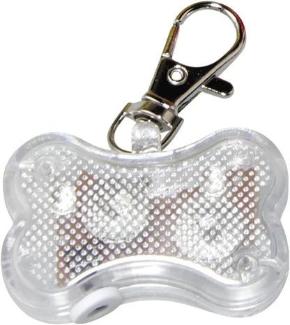 Blue LED bone-shaped pet pendant attached to a collar, showing dimensions of 4cm by 3cm