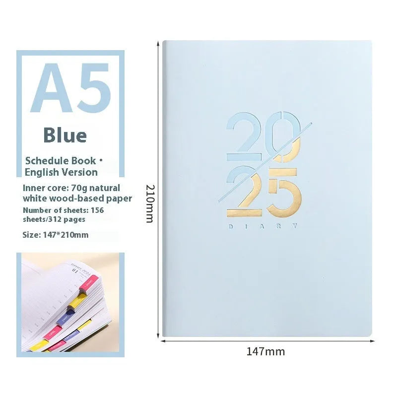 A5 daily planner with faux leather cover in blue, showing open pages and bound spine.