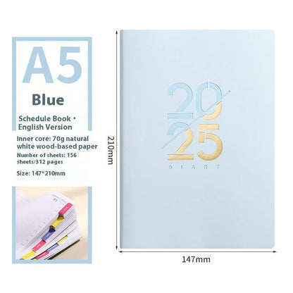 A5 daily planner with faux leather cover in blue, showing open pages and bound spine.