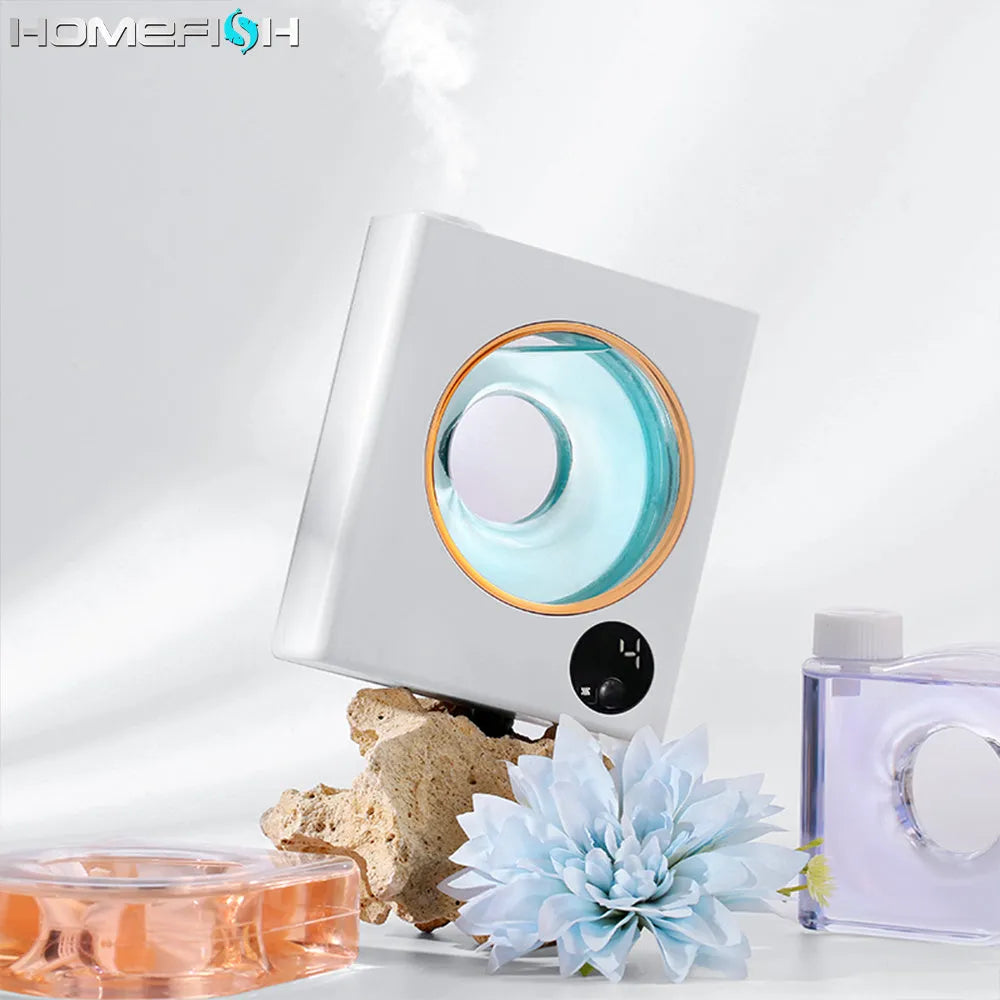 White wall-mounted automatic aromatherapy machine with USB charging port and essential oil bottles