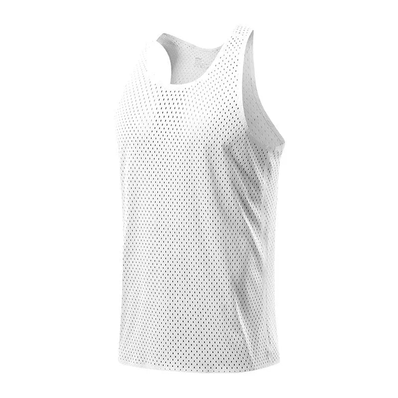Men's solid colour quick-dry sleeveless sports vest in polyester on a neutral background.