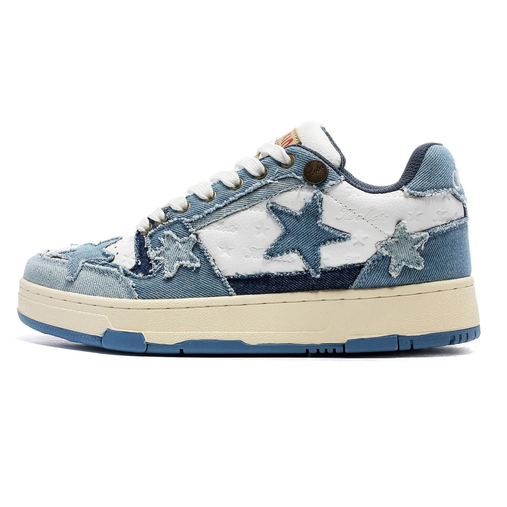 Cowhide leather platform running shoes in tea colour with lace-up front and rubber sole.