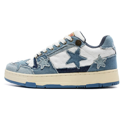 Cowhide leather platform running shoes in tea colour with lace-up front and rubber sole.
