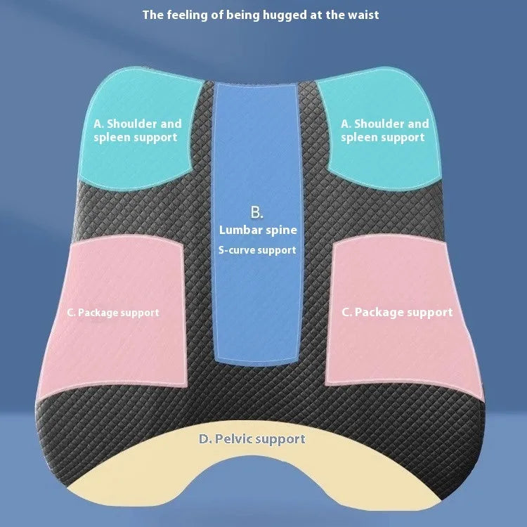 Grey lumbar support pillow for office chair measuring 40 by 40 by 8 centimetres.