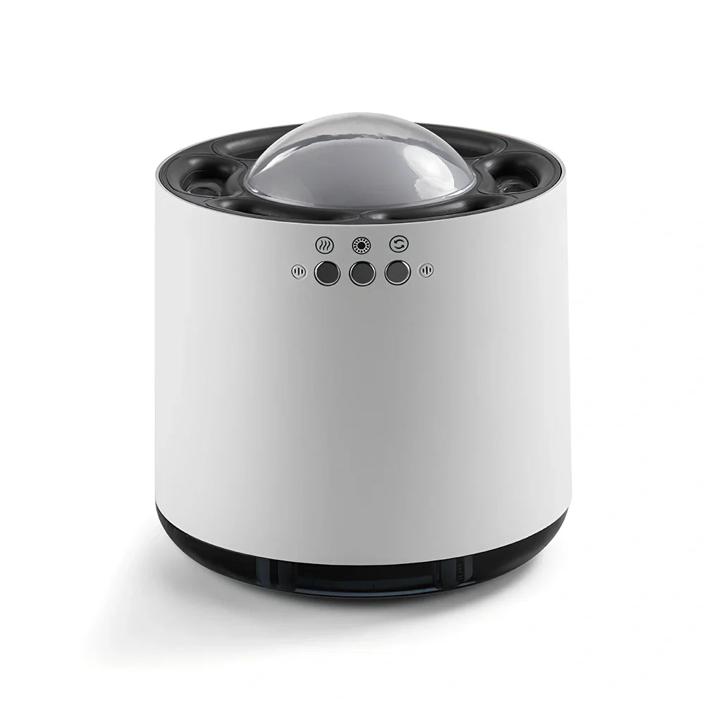 White ultrasonic humidifier with 7-colour LED lights showing dimensions 124x124x135mm