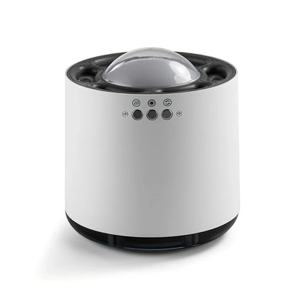 White ultrasonic humidifier with 7-colour LED lights showing dimensions 124x124x135mm