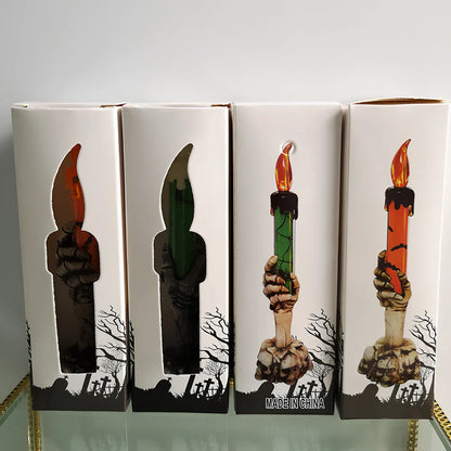 Orange and green Halloween skeleton ghost decoration with candle light, 15cm height